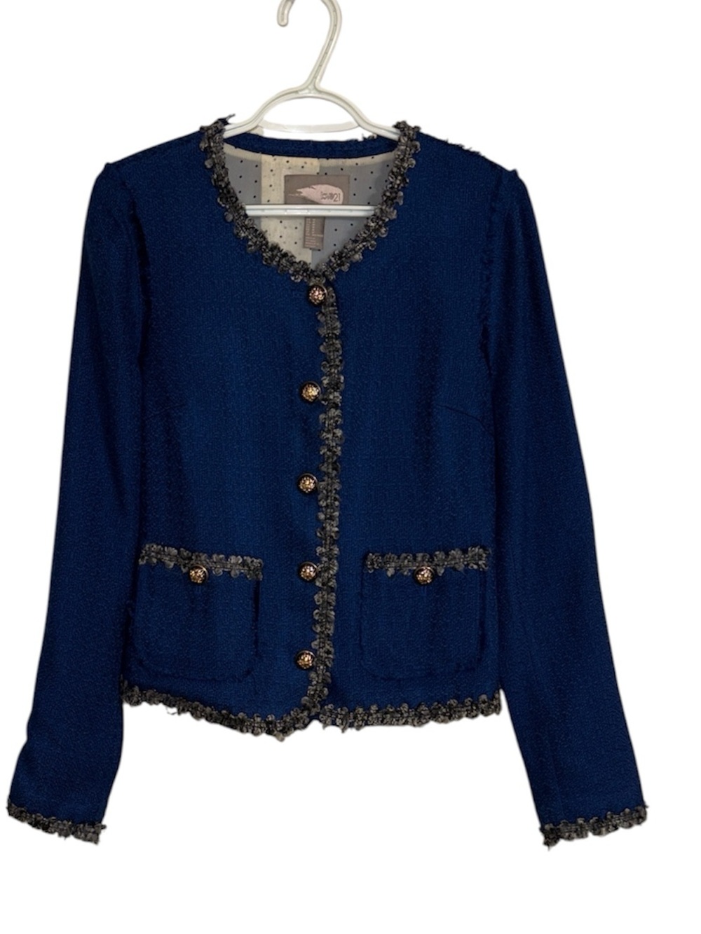 Forever 21 Collarless Blue Tweed Jacket with Black & Gray Trim